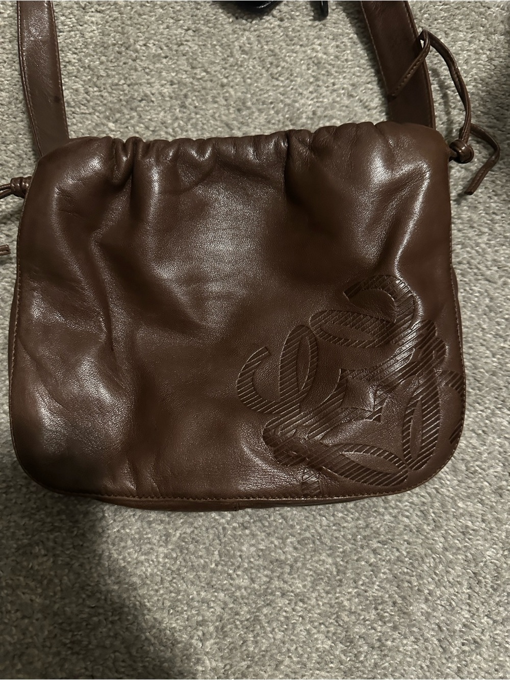 Vintage Loewe Dark Brown Leather Drawstring Shoulder Bag